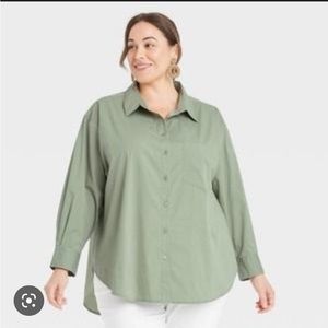 Green No-Gap, Button Down Long Sleeve Blouse-Ava & Viv